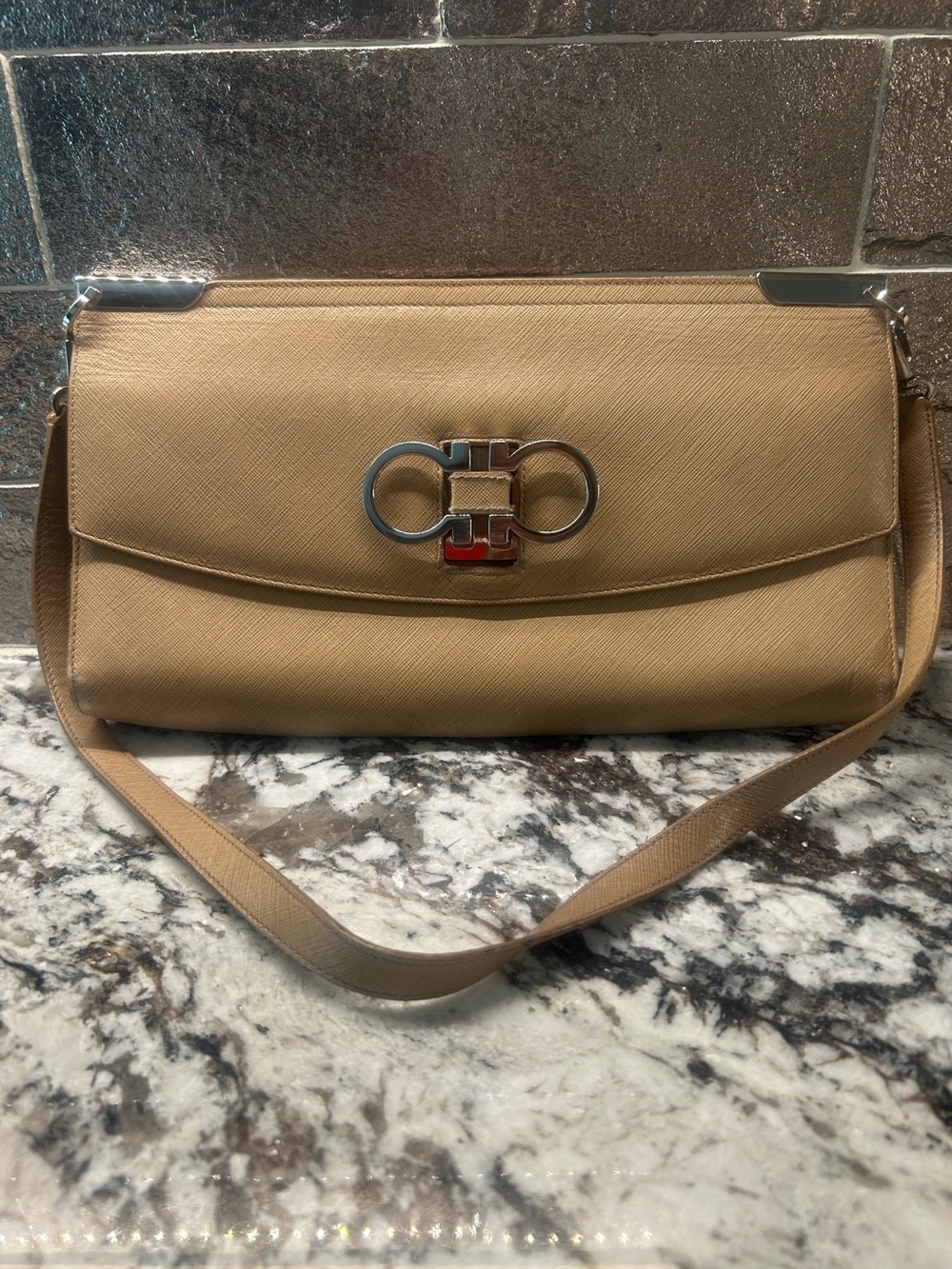 Salvatore Ferragamo Beige Shoulder Bag with Silver Hardware EUC
